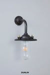 A wall-mounted industrial-style sconce with a dark gunmetal finish, featuring a curved pipe arm, a clear glass shade, and brass hardware, shown against a light gray wall with the brand name 'DUNLIN' printed below.