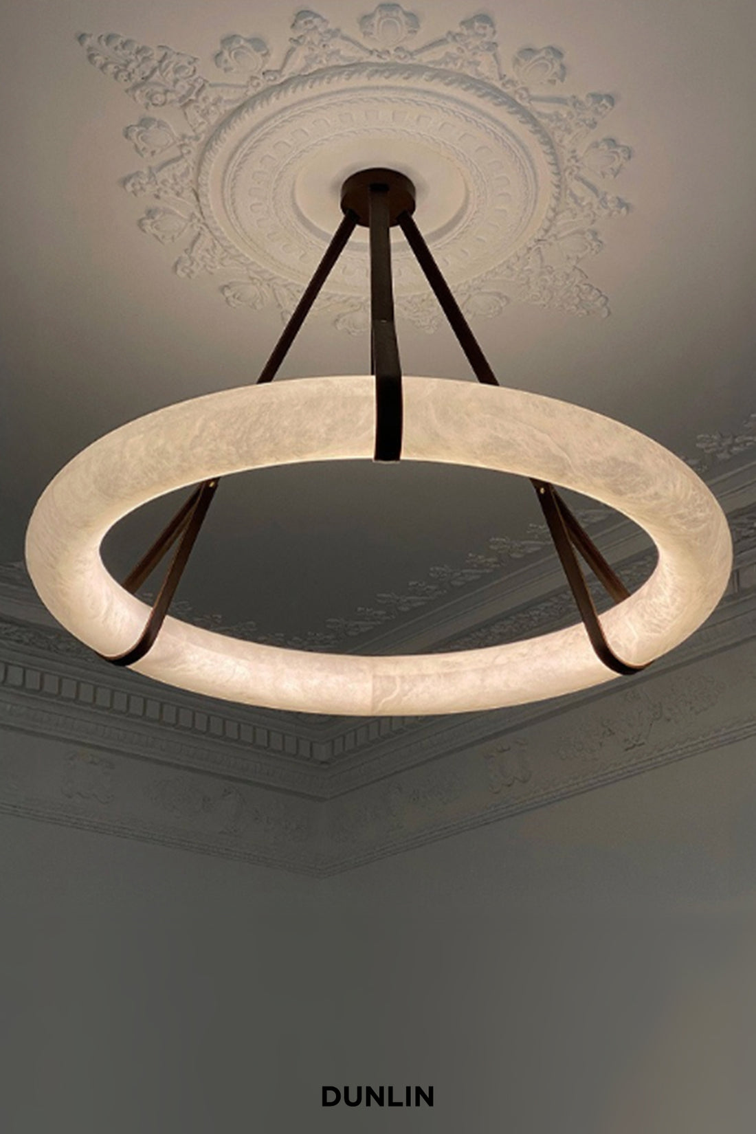 A modern circular pendant light with a glowing warm white textured glass ring and dark metal suspension straps, shown hanging from a decorative ceiling medallion in an interior room. The brand name DUNLIN is printed at the bottom.
