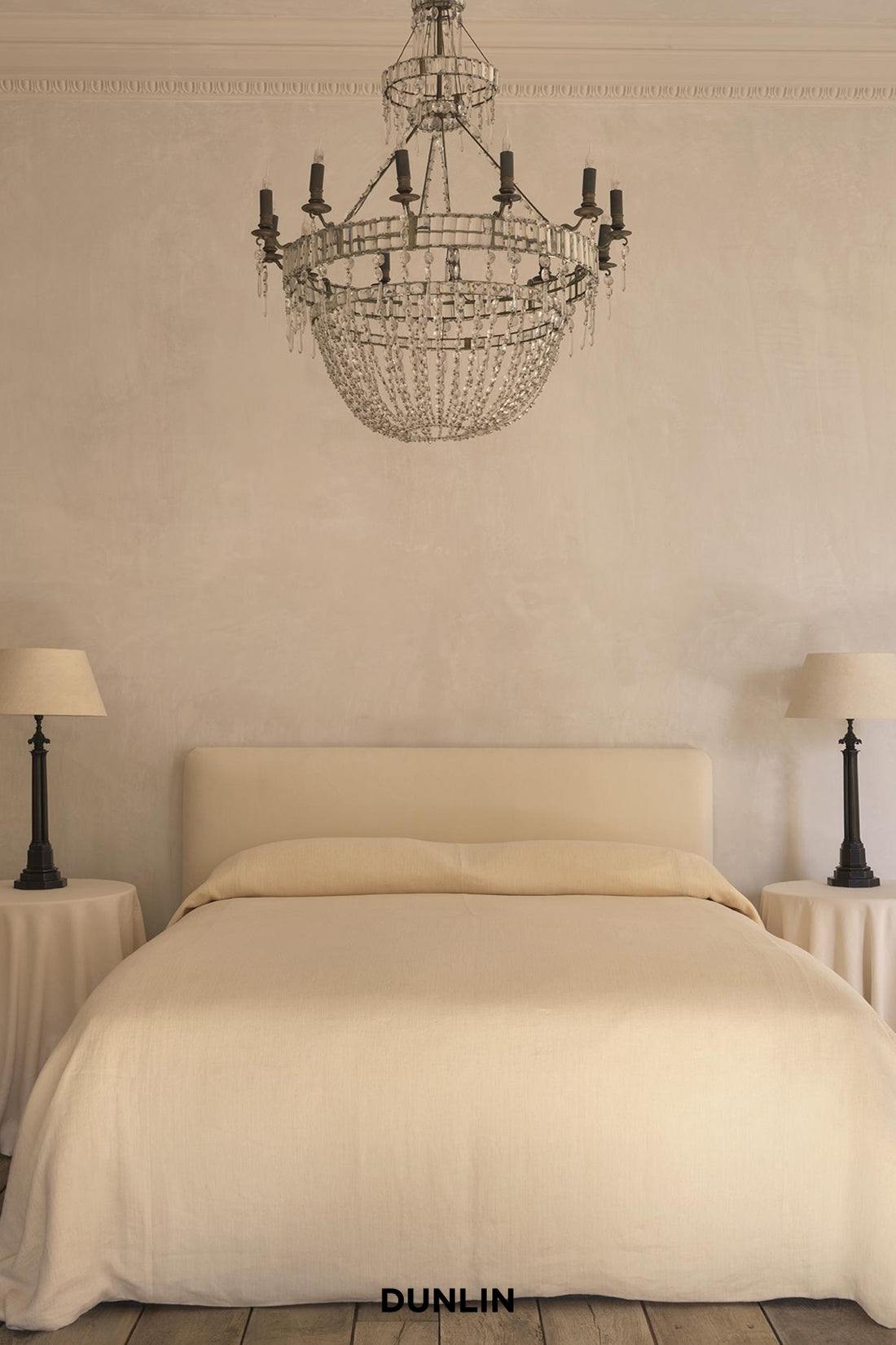 Rose Uniacke Bedspread on bed in Porcelain - Hemp Chevron at Dunlin