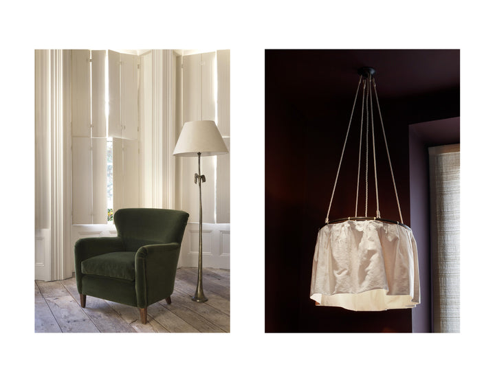 Rose Uniacke Club Chair and Large Skirt Pendant available exclusively at Dunlin