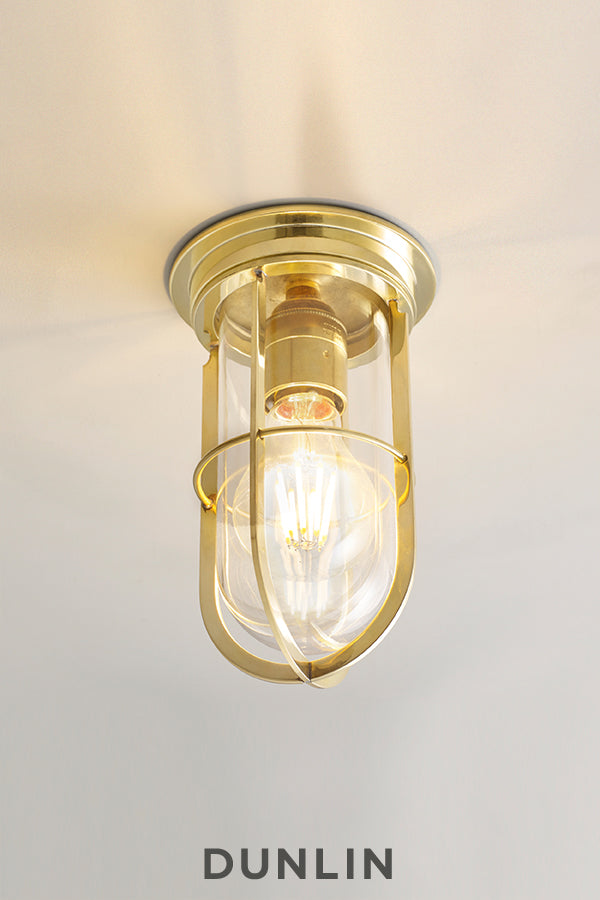 Ship's Caged Polished Brass Ceiling Light